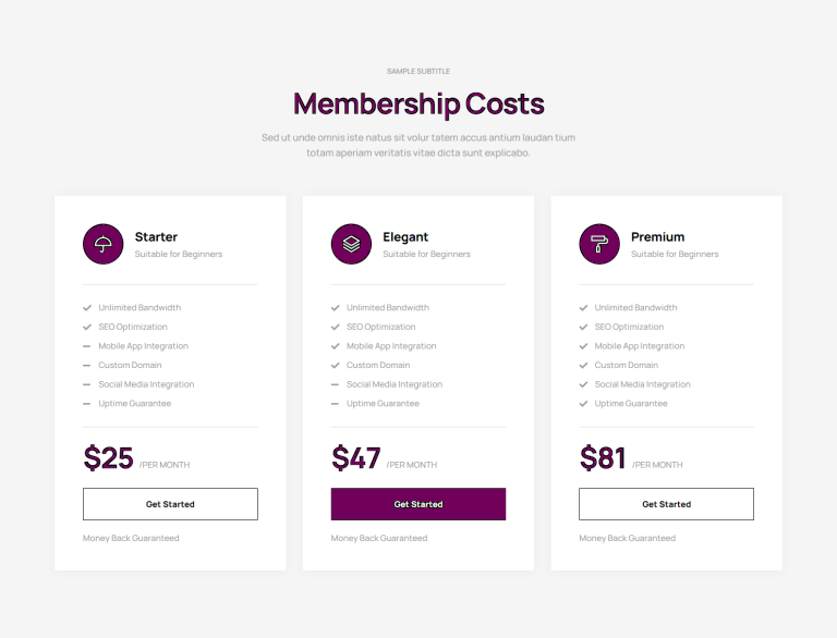 Pricing Table - c1982