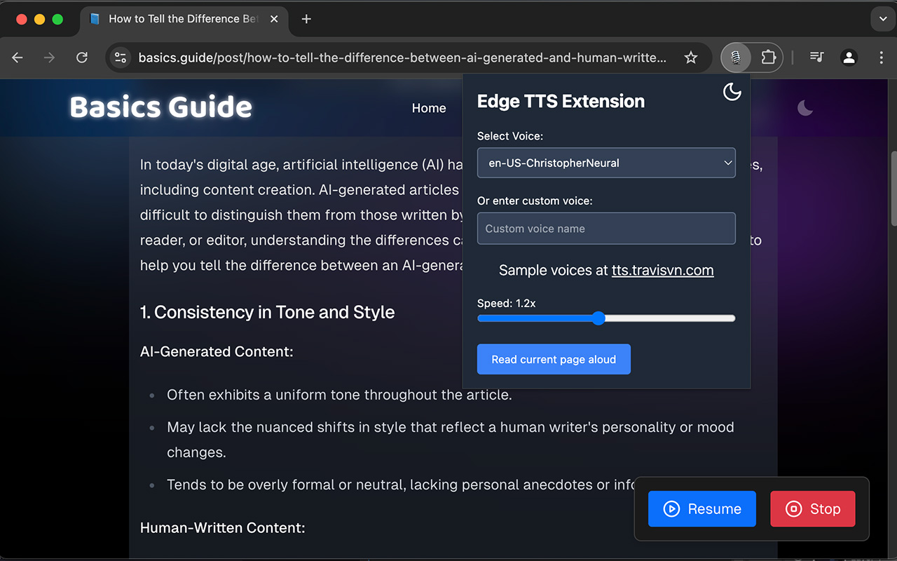 Screenshot of Chrome Extension — Edge Text to Speech Voice Reader