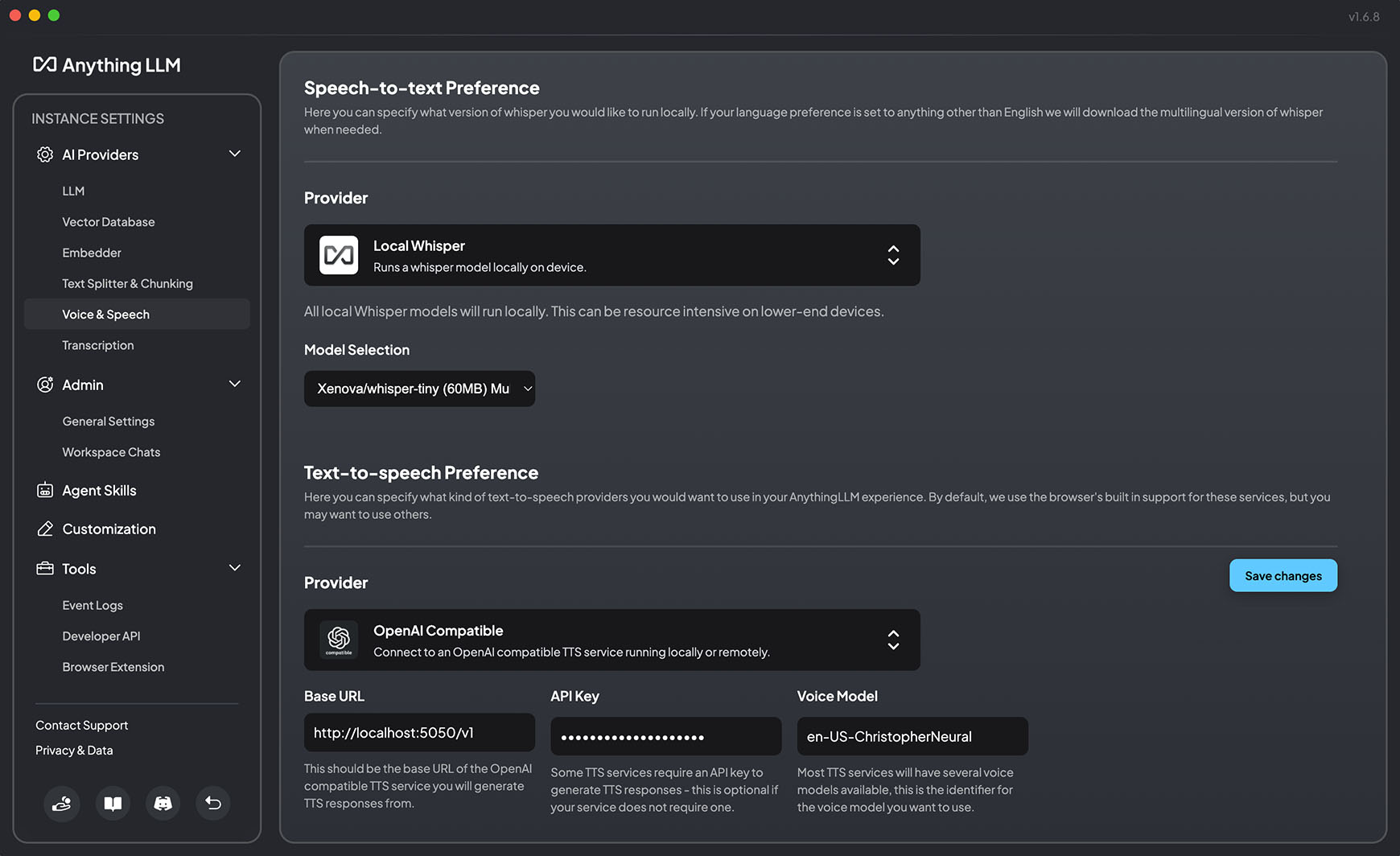 Screenshot of AnythingLLM settings for Voice adding the correct endpoints for this project