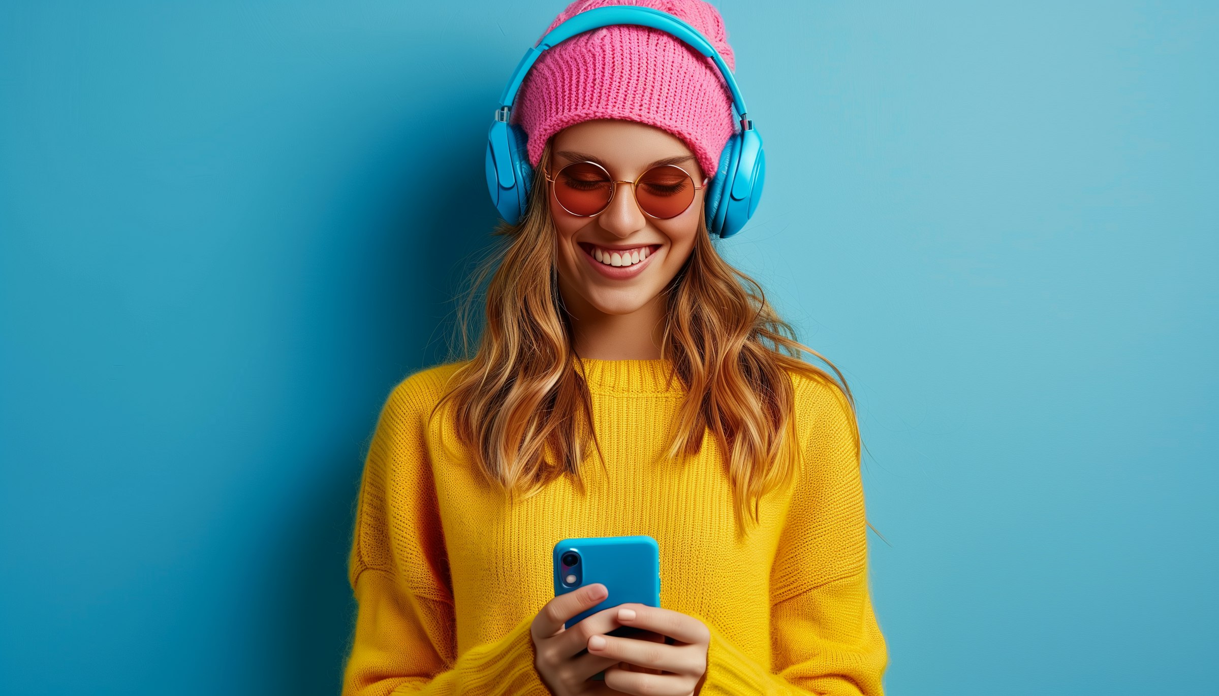 woman blue music phone