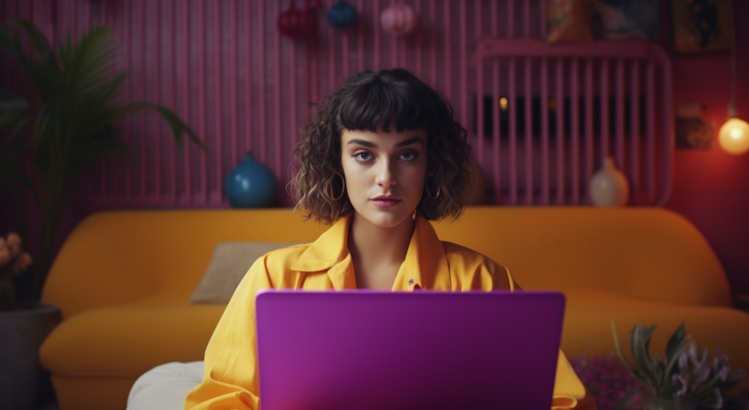 woman purple laptop