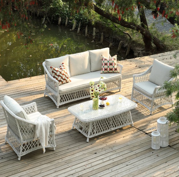 Willowbrook Lattice Weave Rattan 5-Seater Sofa Set with Rising Table, White view 2