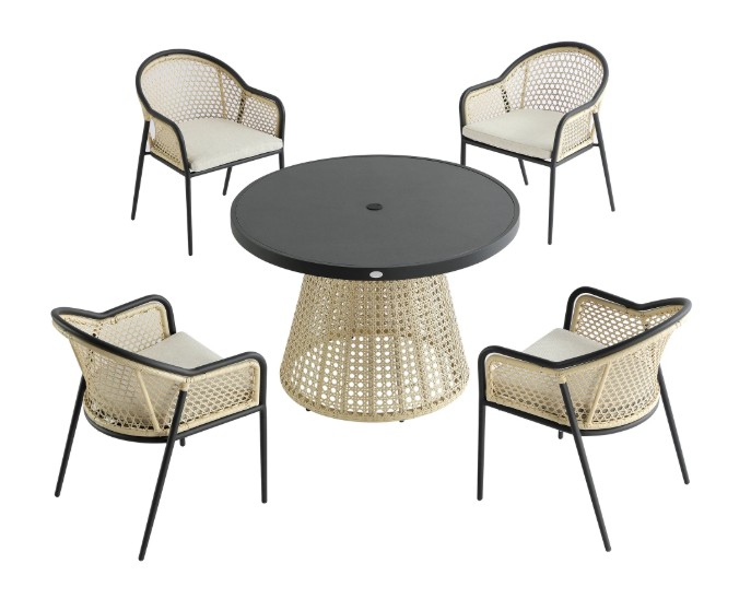 Pienza Outdoor Rattan 4-Seater Round Dining Set, Oatmeal Fabric with Black Frame view 10
