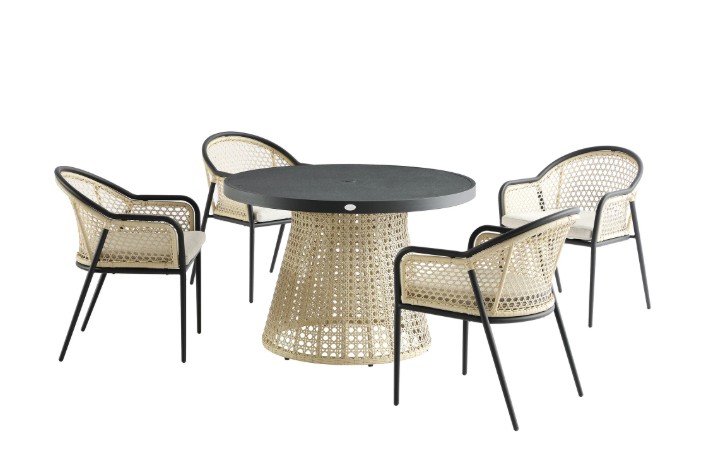 Pienza Outdoor Rattan 4-Seater Round Dining Set, Oatmeal Fabric with Black Frame view 11