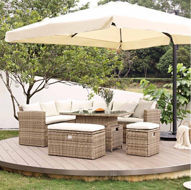 Granchester Rattan Rectangular Corner Dining Sofa Set with Rising Table, Natural view 2