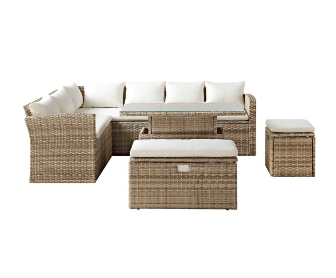 Granchester Rattan Rectangular Corner Dining Sofa Set with Rising Table, Natural view 7