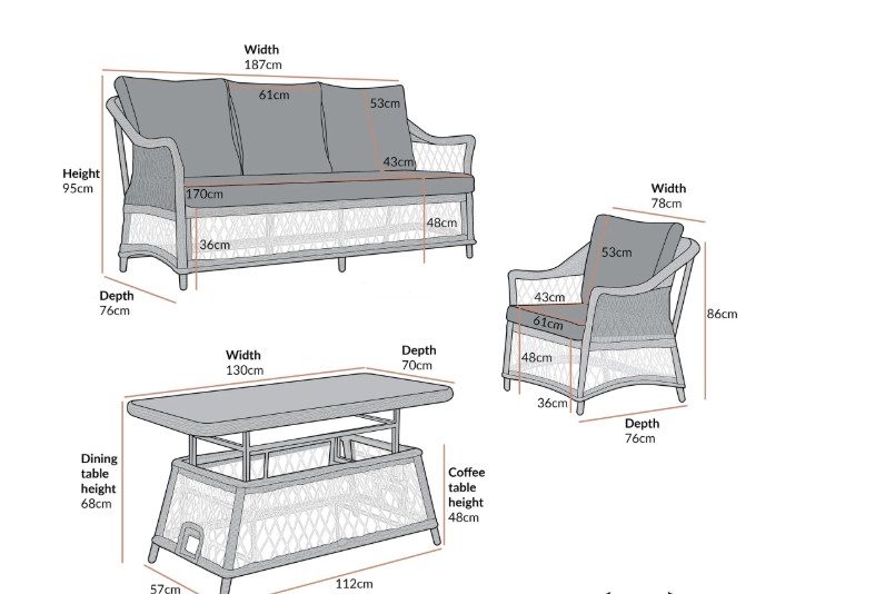 Willowbrook Lattice Weave Rattan 5-Seater Sofa Set with Rising Table, White view 14