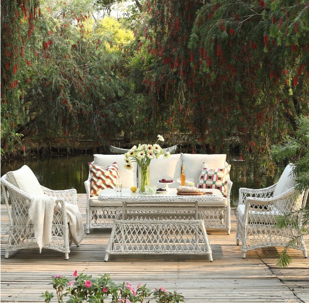 Willowbrook Lattice Weave Rattan 5-Seater Sofa Set with Rising Table, White view 3