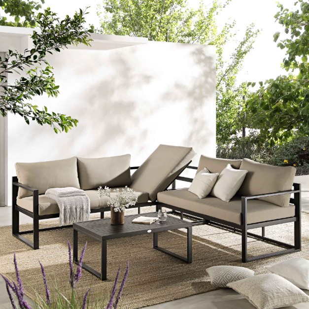 Albany Aluminium Corner Sofa Set with Reclining Back and Coffee Table, Taupe view 2