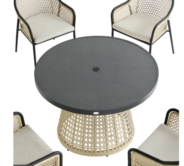 Pienza Outdoor Rattan 4-Seater Round Dining Set, Oatmeal Fabric with Black Frame view 12