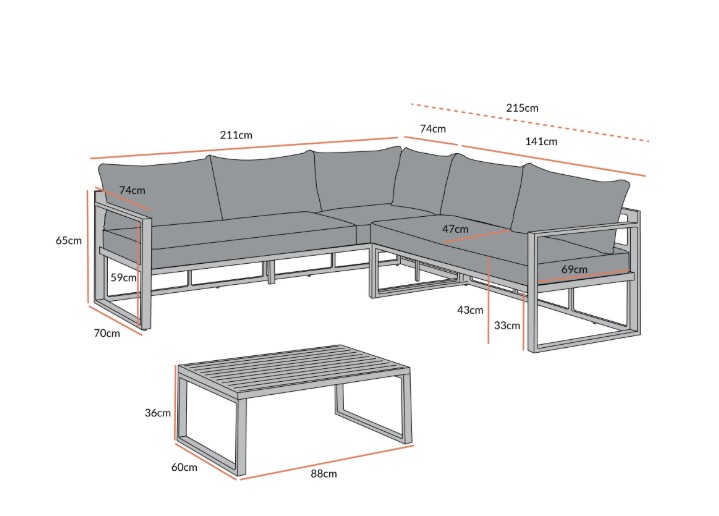 Albany Aluminium Corner Sofa Set with Reclining Back and Coffee Table, Taupe view 7