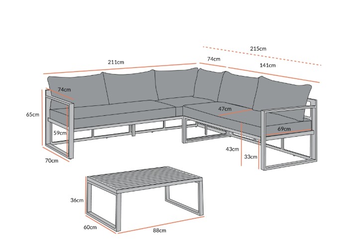 Albany Aluminium Corner Sofa Set with Reclining Back and Coffee Table, White view 6