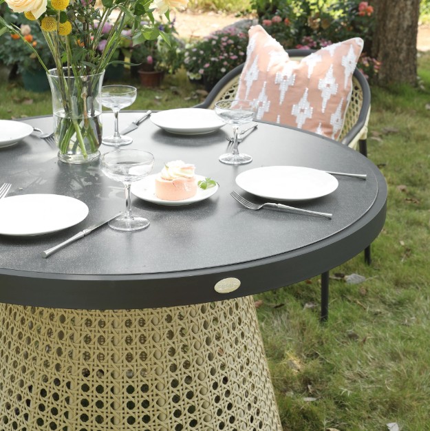 Pienza Outdoor Rattan 4-Seater Round Dining Set, Oatmeal Fabric with Black Frame view 6