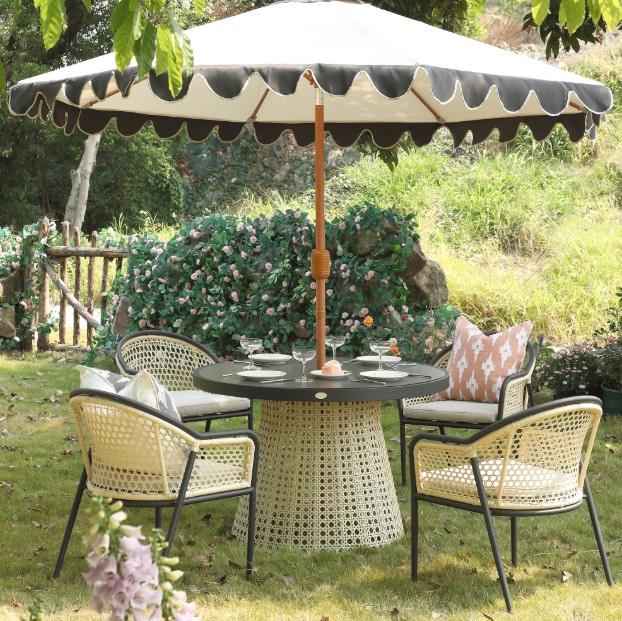 Pienza Outdoor Rattan 4-Seater Round Dining Set, Oatmeal Fabric with Black Frame view 2