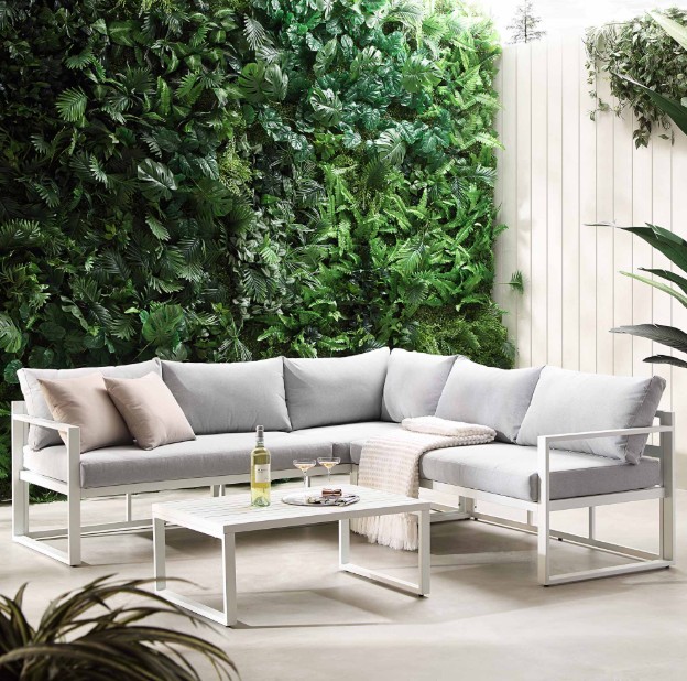Albany Aluminium Corner Sofa Set with Reclining Back and Coffee Table, White