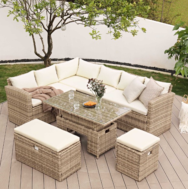 Granchester Rattan Rectangular Corner Dining Sofa Set with Rising Table, Natural view 3
