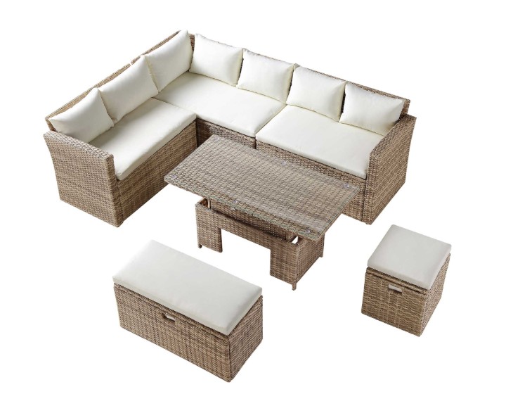 Granchester Rattan Rectangular Corner Dining Sofa Set with Rising Table, Natural view 4