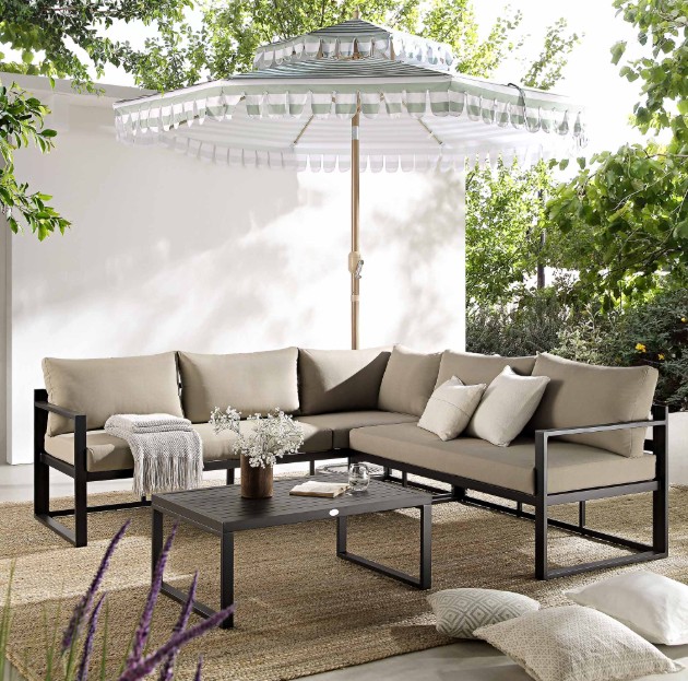 Albany Aluminium Corner Sofa Set with Reclining Back and Coffee Table, Taupe