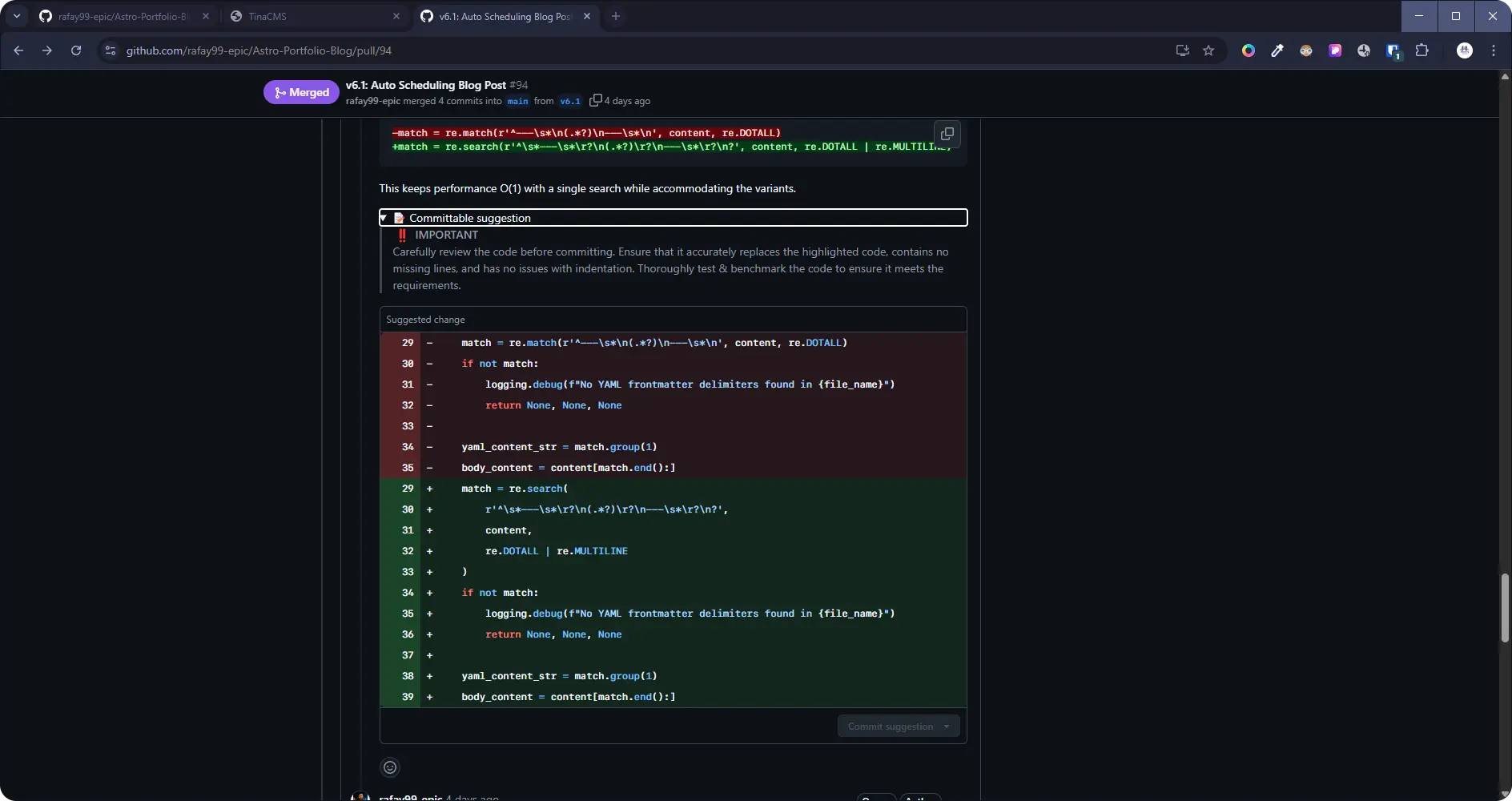 Code review interface showing AI-generated code with highlighted issues and suggested fixes