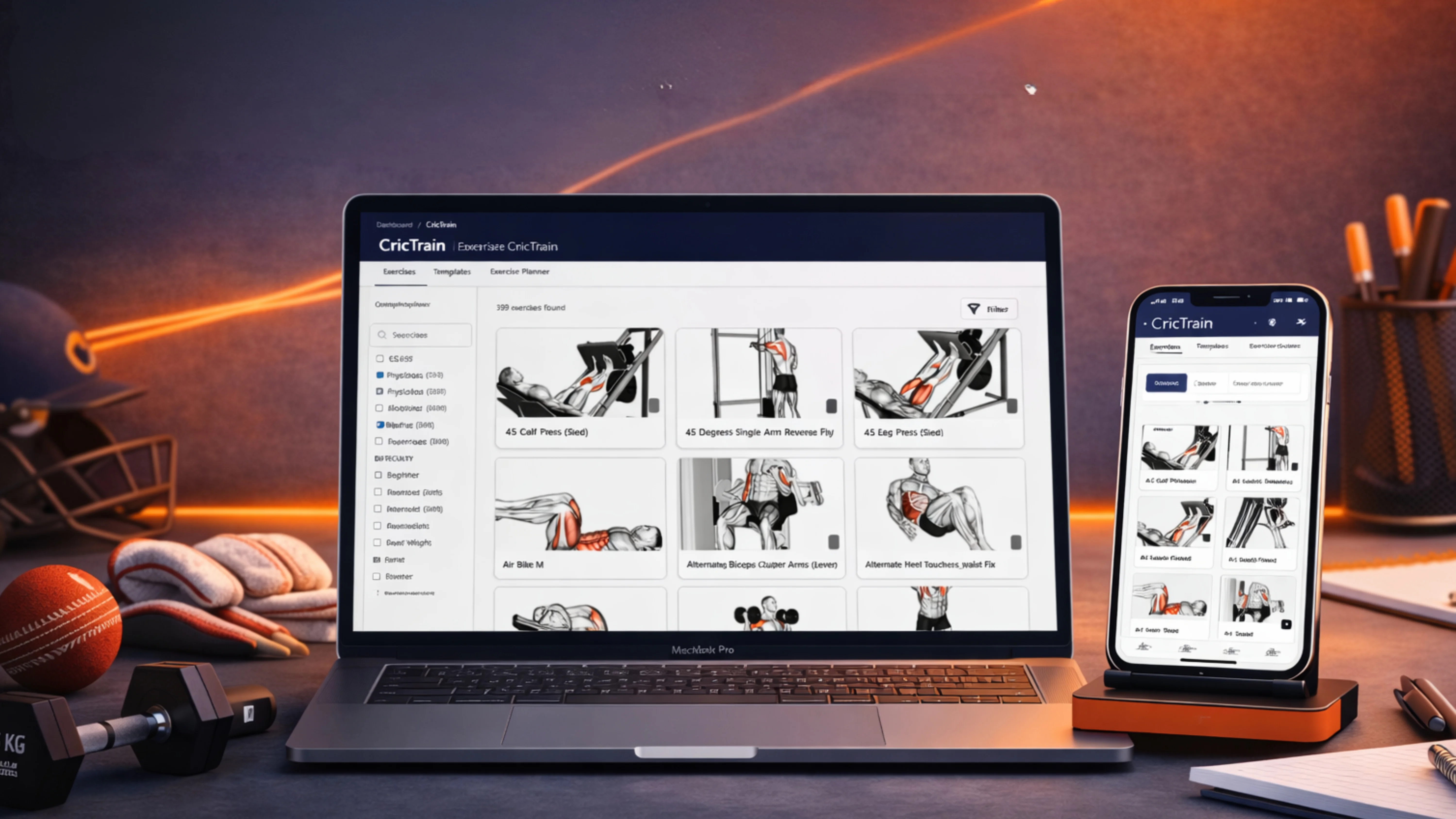 Cric Train interface showing exercise videos and rehabilitation progress tracking