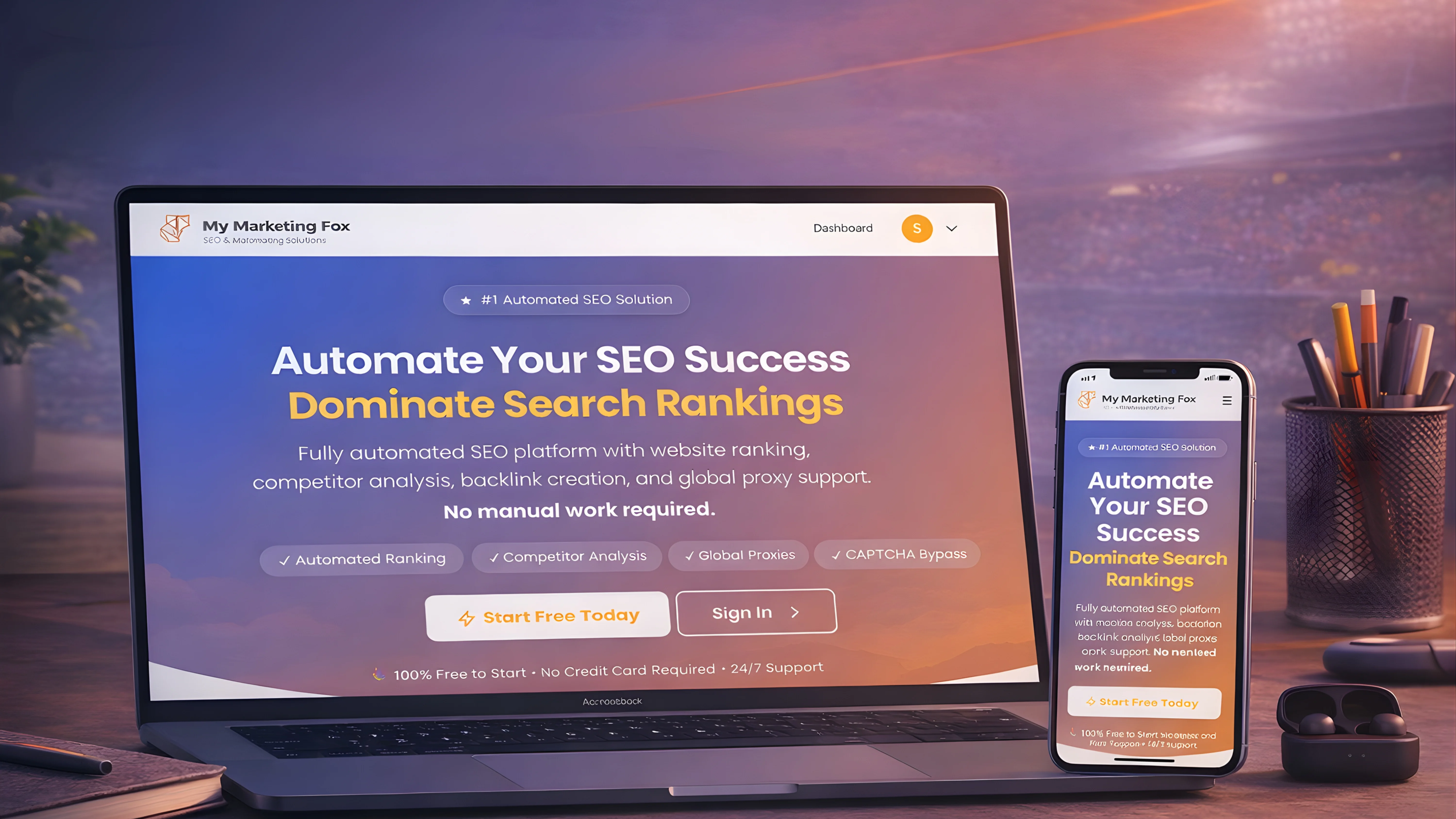 MarketingFOX dashboard showing keyword ranking positions and SEO optimization progress