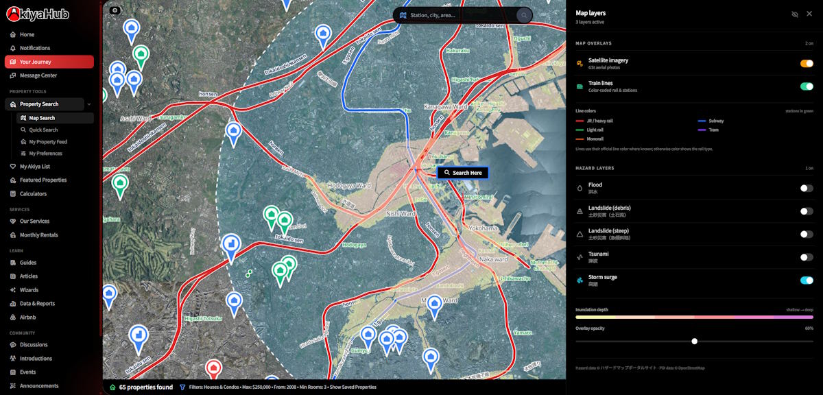 AkiyaHub interactive map search showing properties across Japan