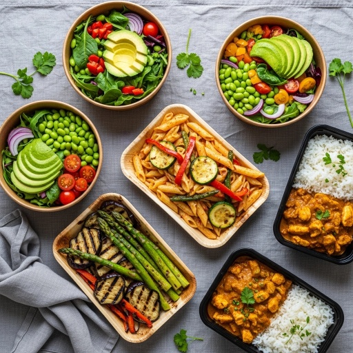 Top-down view of modern ready meals on a rustic wooden table