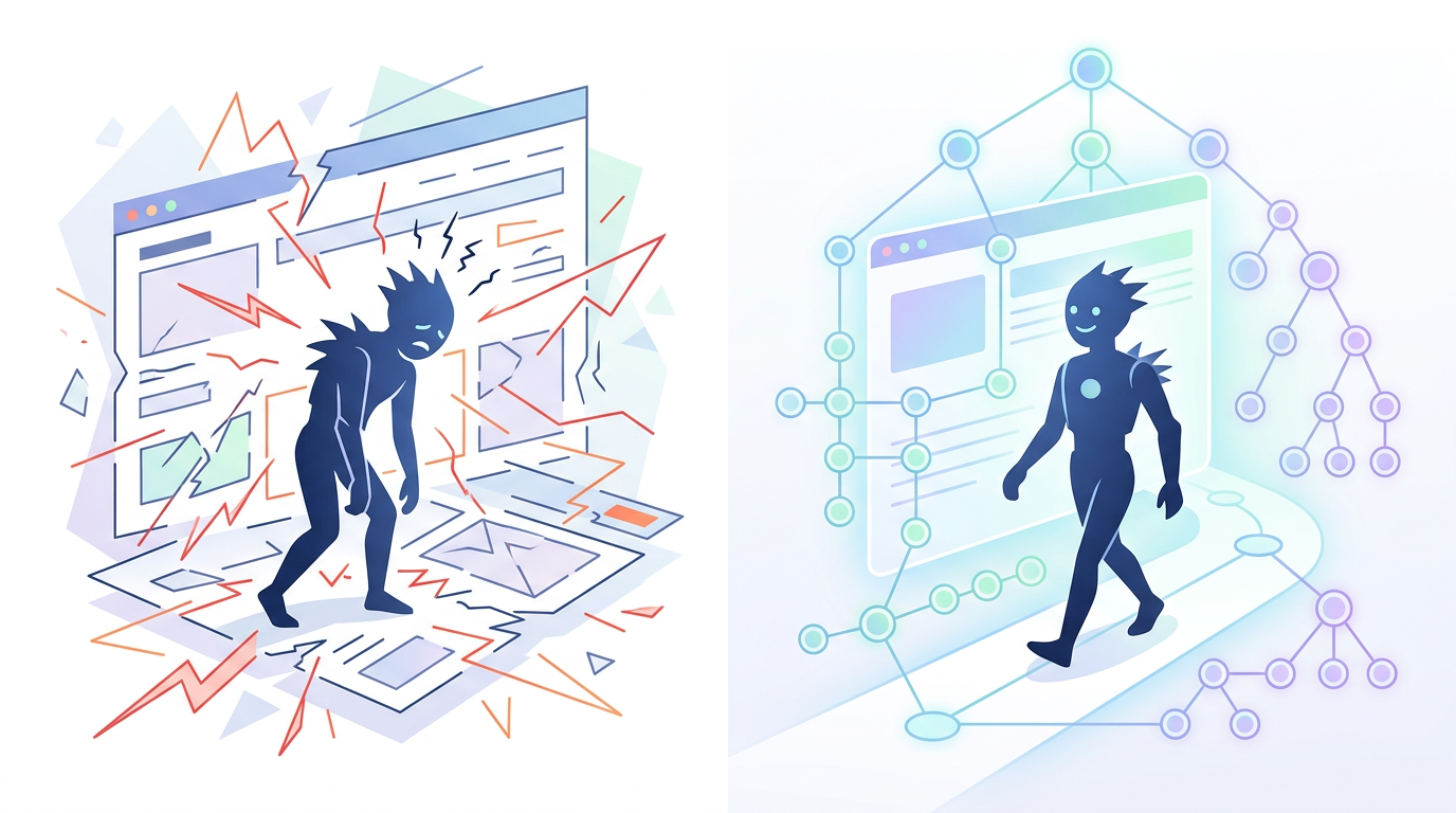 A clean, minimal infographic showing a 'blinded' AI agent avatar frustrated by a broken CSS selector line on the left, next to a 'seeing' AI agent easily navigating a web page using glowing JSON-LD nodes on the right. Modern editorial style, white background, 16:9.