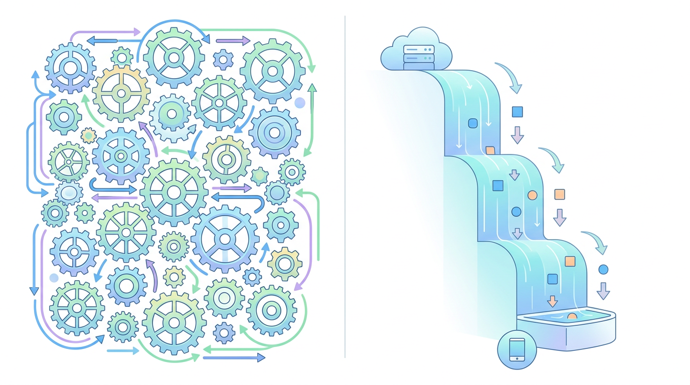 A clean, minimal infographic-style illustration on a white background. A split-screen visual metaphor: on the left, a complex interlocking gear system representing WebSockets; on the right, a simple, streamlined waterfall representing Server-Sent Events. Soft pastel colors, geometric shapes, modern editorial style. No text. 16:9 aspect ratio.