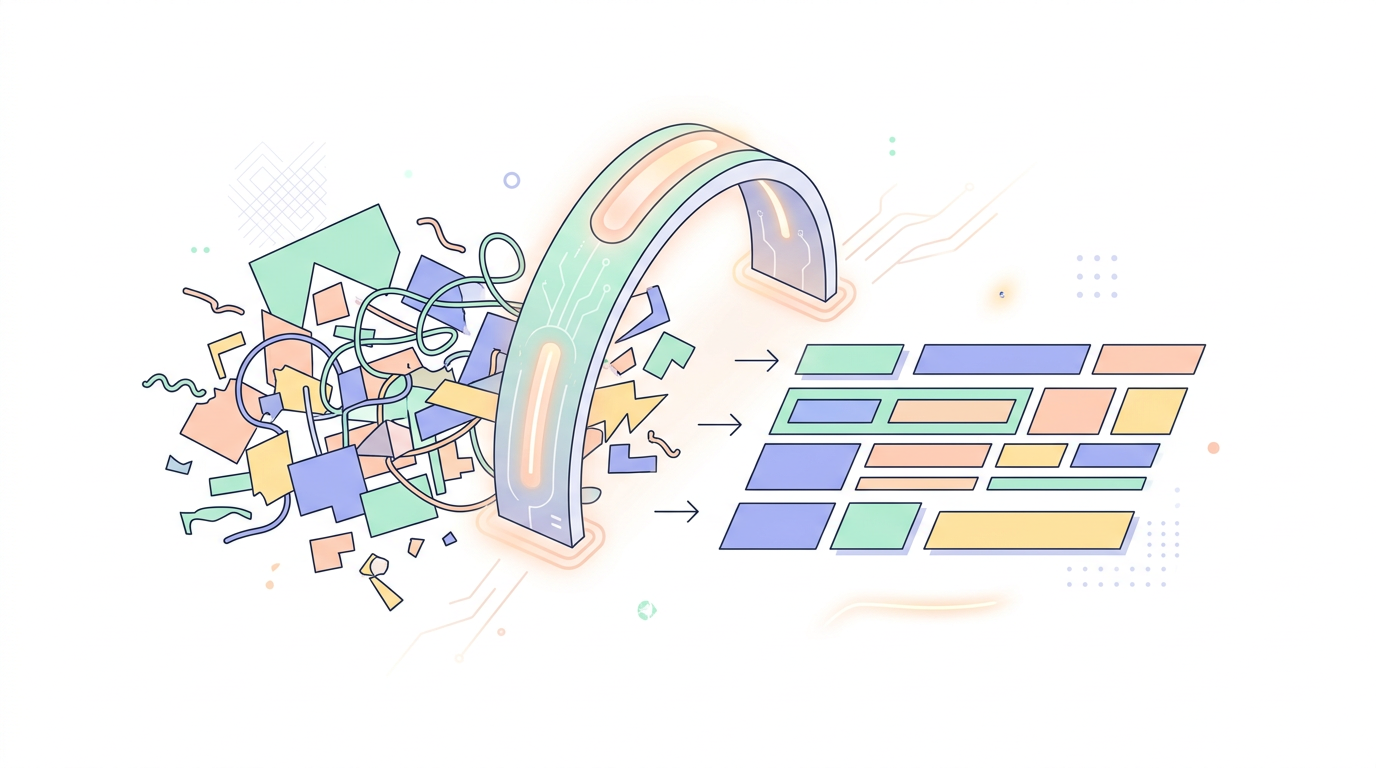 A clean, minimal infographic-style illustration on a white background. Showing a glowing, futuristic scanner (representing the React Compiler) passing over messy, tangled code and transforming it into a clean, organized, streamlined set of blocks. Soft pastel colors, geometric shapes, modern editorial style. No text. 16:9 aspect ratio.