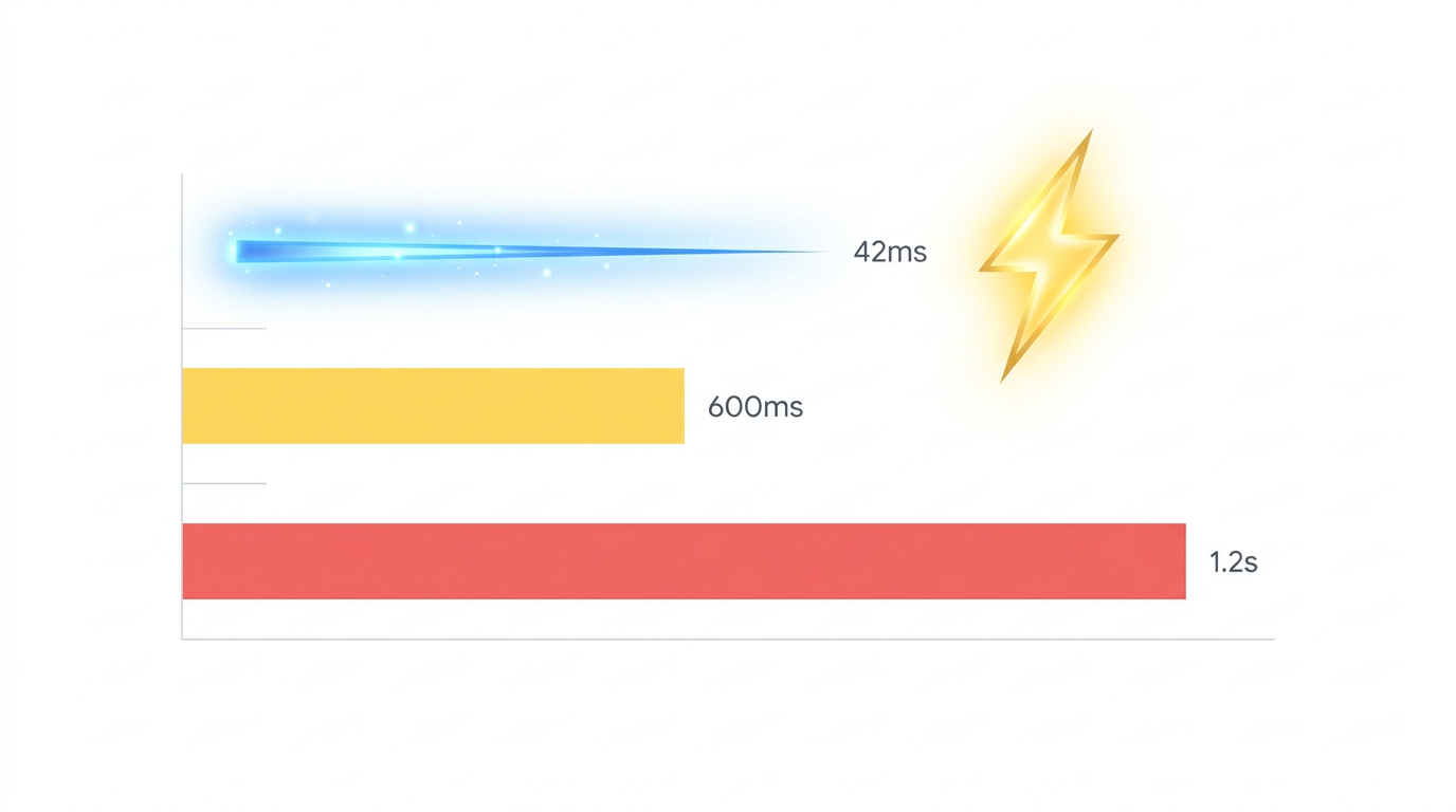 A clean, minimal infographic-style illustration on a white background. A horizontal bar chart comparing three values: 1.2s (long red bar), 600ms (shorter yellow bar), and 42ms (a tiny glowing blue sliver). The 42ms sliver is labeled with a Lightning Bolt icon. Visualizing extreme speed. Modern editorial style, geometric shapes, soft colors. No text. 16:9 aspect ratio.