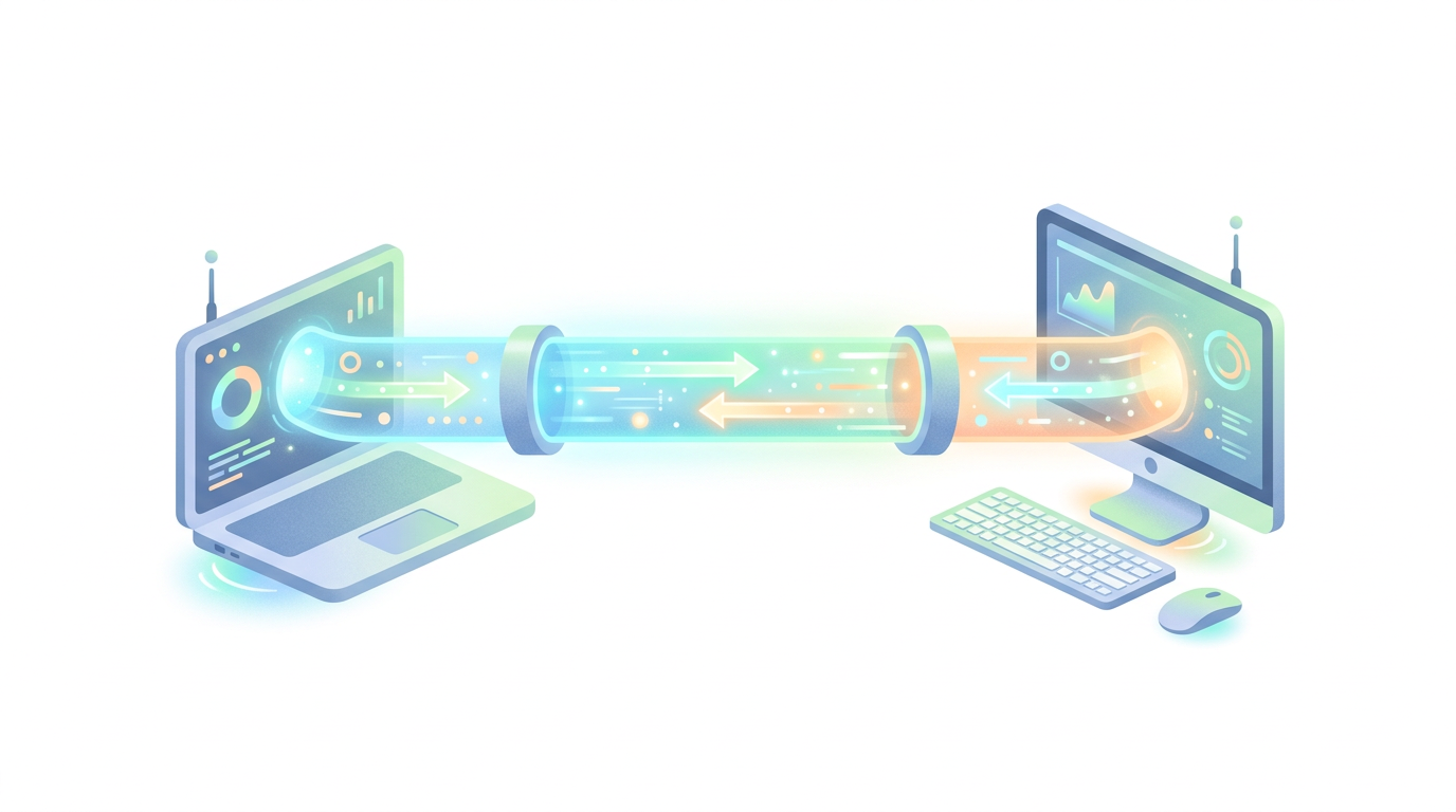 A clean, minimal infographic-style illustration on a white background. Two computers connected by a thick, glowing continuous bidirectional pipe, illustrating a full-duplex WebSocket connection. Soft pastel colors, geometric shapes, modern editorial style. No text. 16:9 aspect ratio.