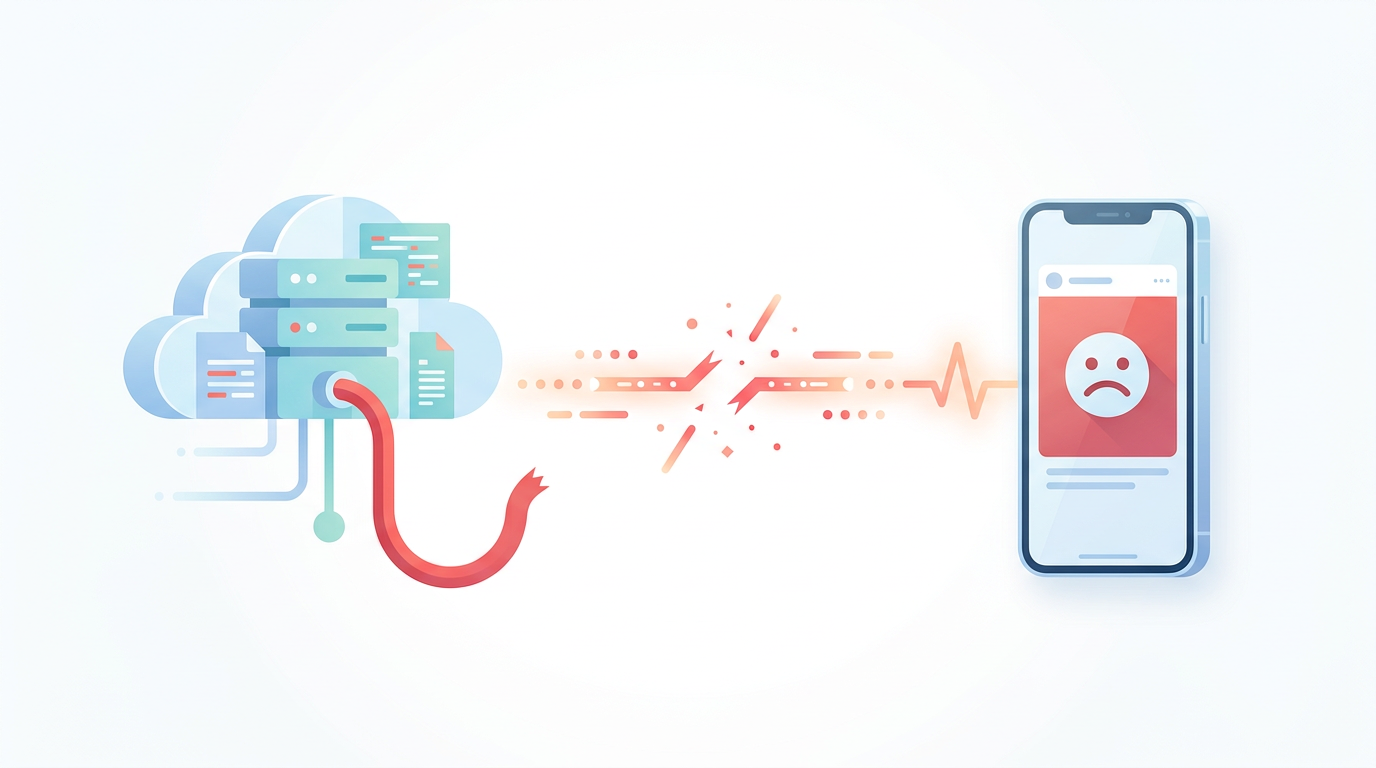 A clean, minimal infographic-style illustration on a white background. On the left side, a stylized cloud server with a red disconnected cable. On the right side, a modern smartphone displaying a sad face error screen. Between them, a glowing but broken data transmission line. Soft pastel colors, geometric shapes, modern editorial style. No text. 16:9 aspect ratio.