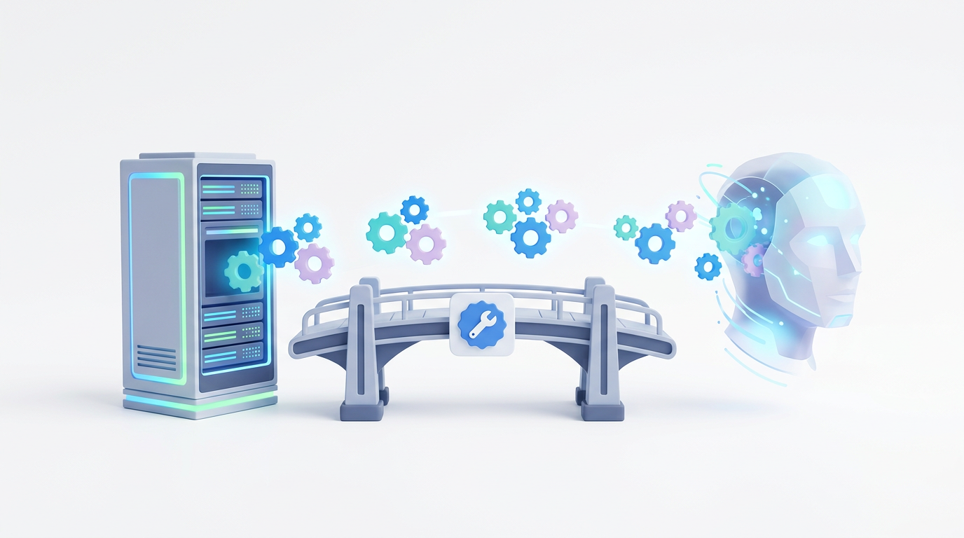 A server rack on the left sending glowing data packets shaped like gears to an AI brain icon on the right, connected by a bridge labeled 'Tool Contract'.