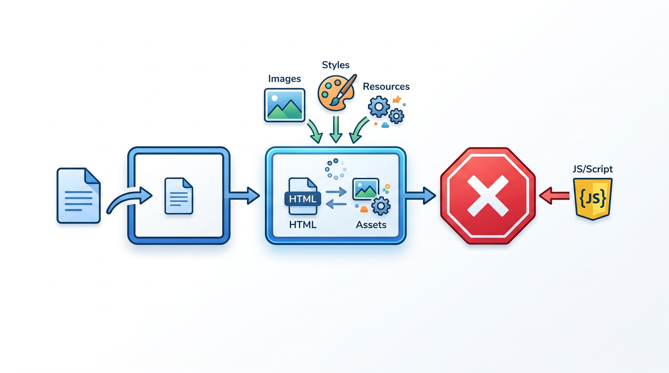 A clean, minimal infographic-style illustration on a white background. A three-stage pipeline diagram. 1. Fetch HTML (a document icon moving into a box). 2. Prerender Assets (images/style icons loading into the box). 3. A large PAUSE icon or red stop-sign shape blocking a JS / Script icon from entering the rendering box. Visualizing the concept of deferred execution. Modern editorial style, 16:9. No text.
