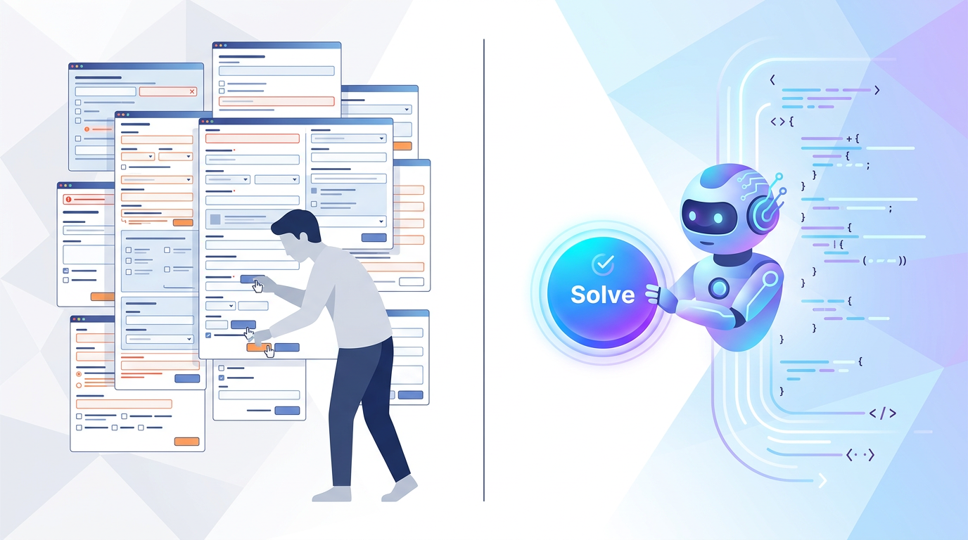 A split-screen illustration. On the left, a frustrated human fills out a complex form labeled '2024'. On the right, a glowing AI avatar pushes a single 'Solve' button labeled '2026', with code flowing behind it.