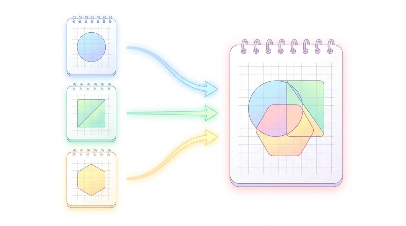 A clean, minimal infographic-style illustration on a white background. Three separate notepads on the left, each with a different abstract geometric shape drawn on them. Glowing arrows point from the three notepads towards a single, master notepad on the right, which displays all three shapes perfectly merged together without overlapping. Soft pastel colors, modern editorial style. No text. 16:9 aspect ratio.