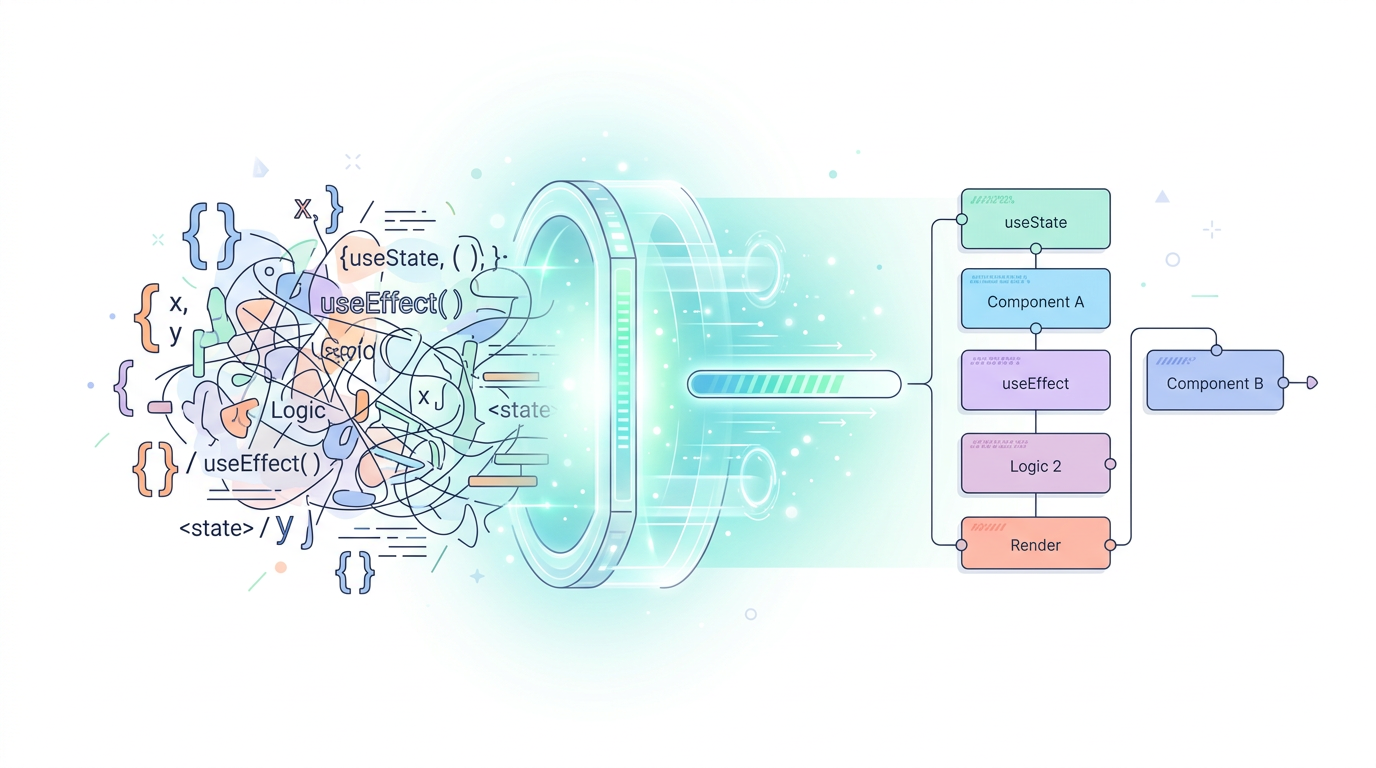 A clean, minimal infographic-style illustration on a white background. Showing a frustrated developer juggling complex puzzle pieces labeled 'useMemo', 'useCallback', and 'Dependency Arrays' over a tangled web. Soft pastel colors, geometric shapes, modern editorial style. No text. 16:9 aspect ratio.