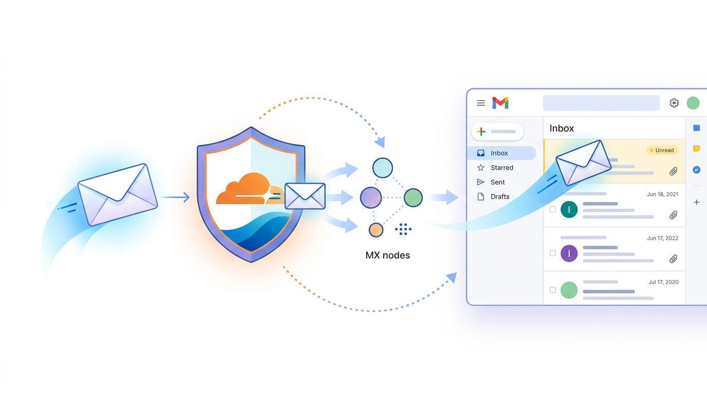 A clean infographic showing the flow of email through Cloudflare's infrastructure