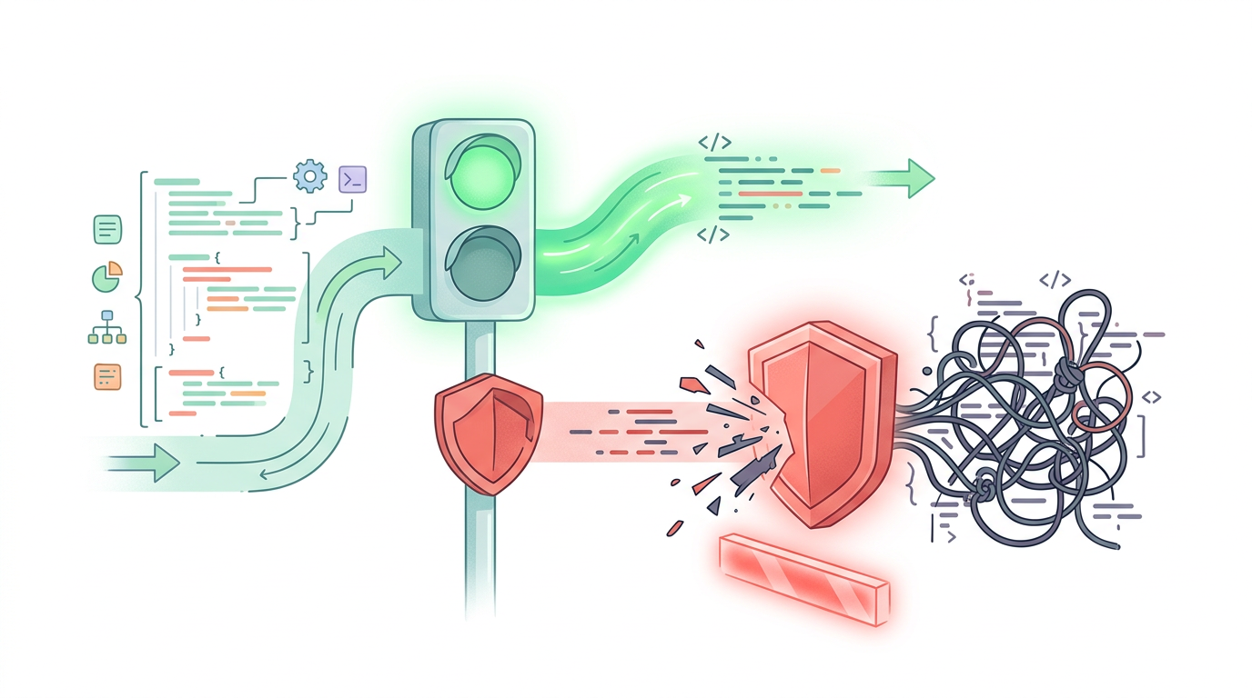A clean, minimal infographic-style illustration on a white background. Showing a clear, traffic-light style mechanism where clean code gets a green 'pass' and messy, tangled code gets blocked by a red, geometric shield. Soft pastel colors, modern editorial style. No text. 16:9 aspect ratio.