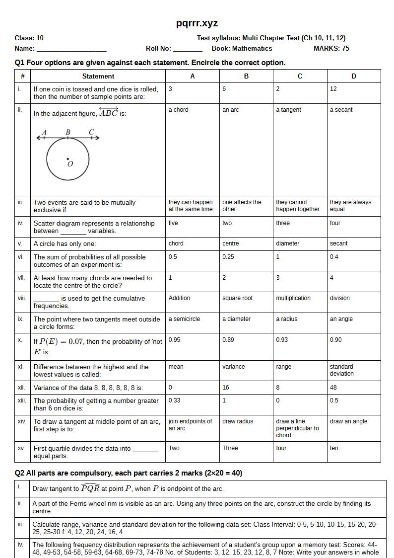 First page of 10th Mathematics – Chapters 10–12 – Multi Chapter Test, 75 marks (English)