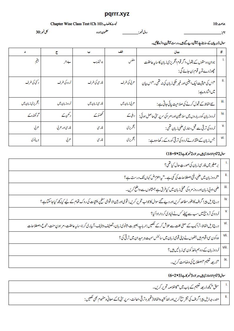 First page of 10th Urdu – Chapter 10 – کچھ ذریعہ تعلیم کے باب میں – Chapter Wise Class Test, 30 marks (Urdu)