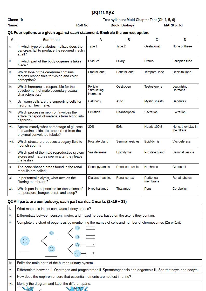 First page of 10th Biology – Chapters 4–6 – Multi Chapter Test, 60 marks (English)