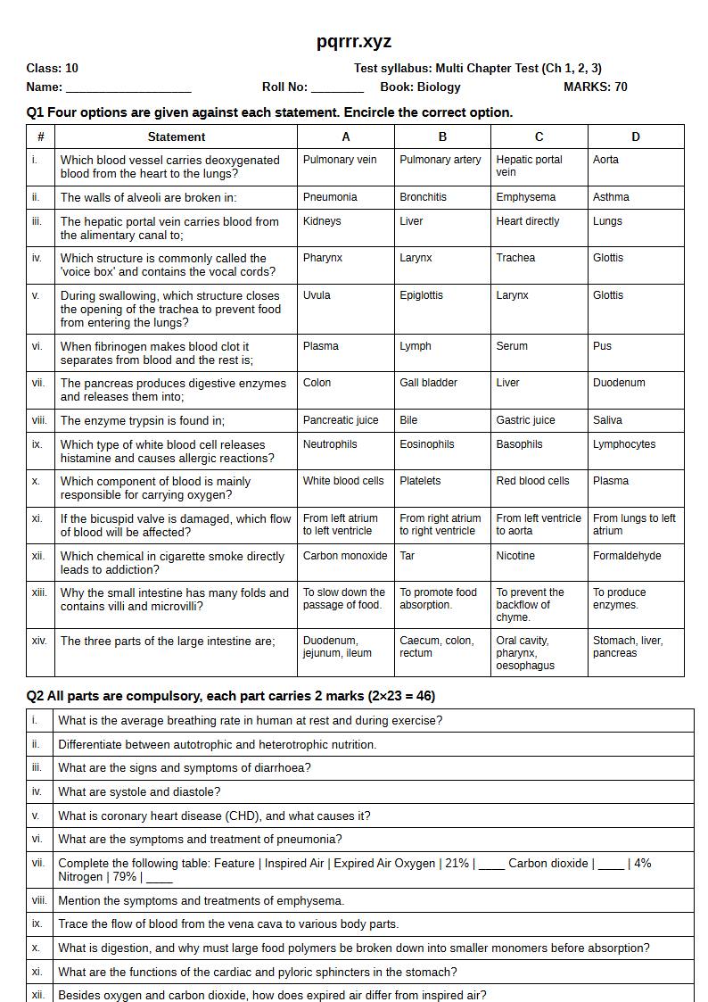 First page of 10th Biology – Chapters 1–3 – Multi Chapter Test, 70 marks (English)