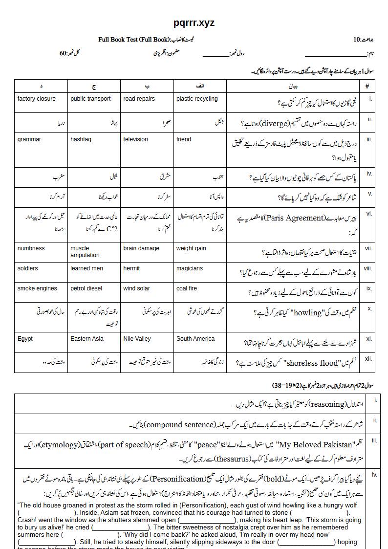 First page of 10th English – Complete book – Full Book Test, 60 marks (Urdu)