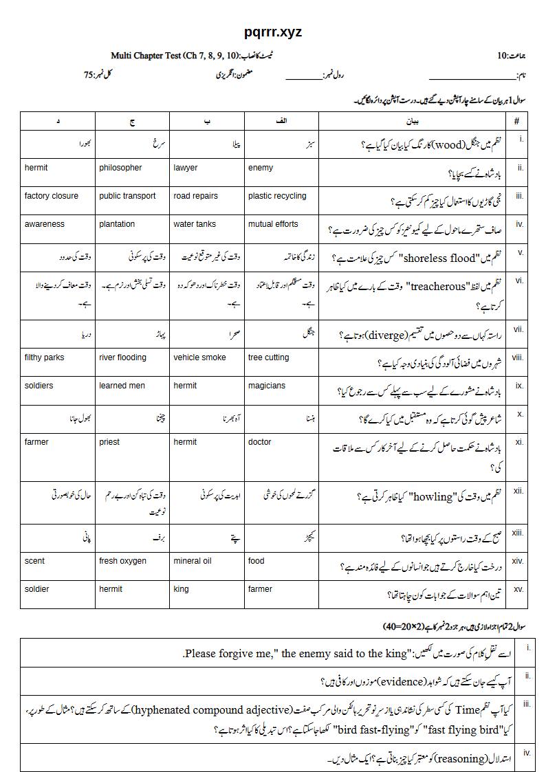 First page of 10th English – Chapters 7–10 – Multi Chapter Test, 75 marks (Urdu)