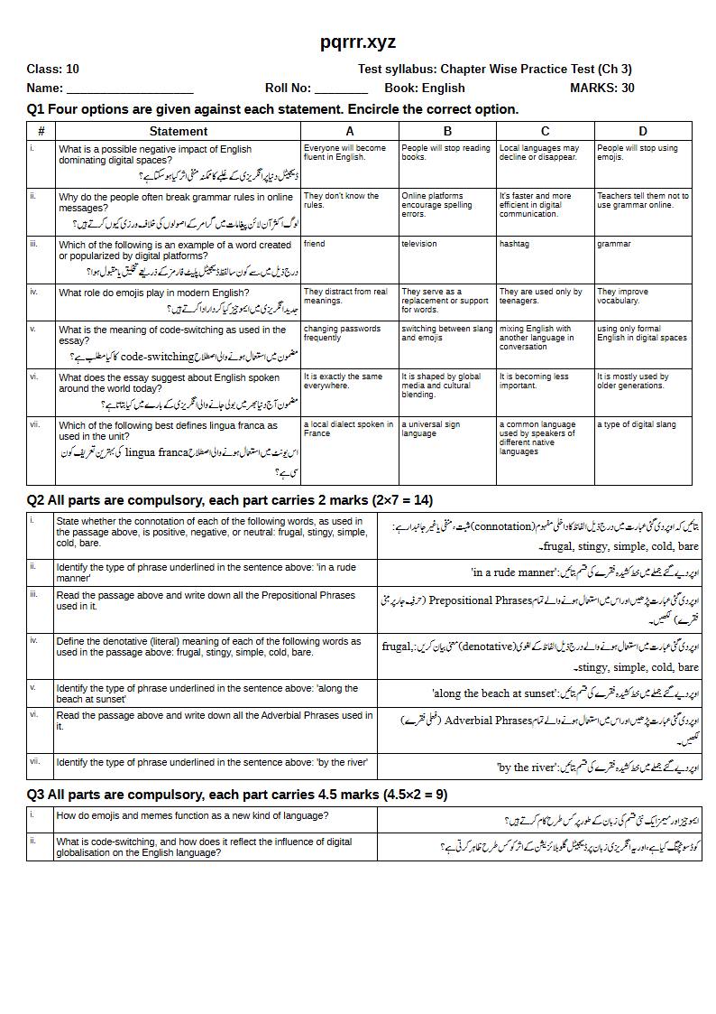 First page of 10th English – Chapter 3 – Digital Globalisation Transforming the English Language – Chapter Wise Practice Test, 30 marks (English + Urdu)