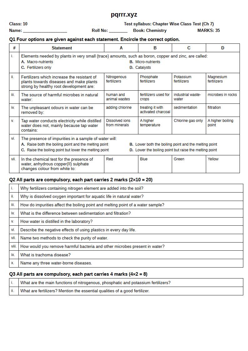 First page of 10th Chemistry – Chapter 7 – Water – Chapter Wise Class Test, 35 marks (English)