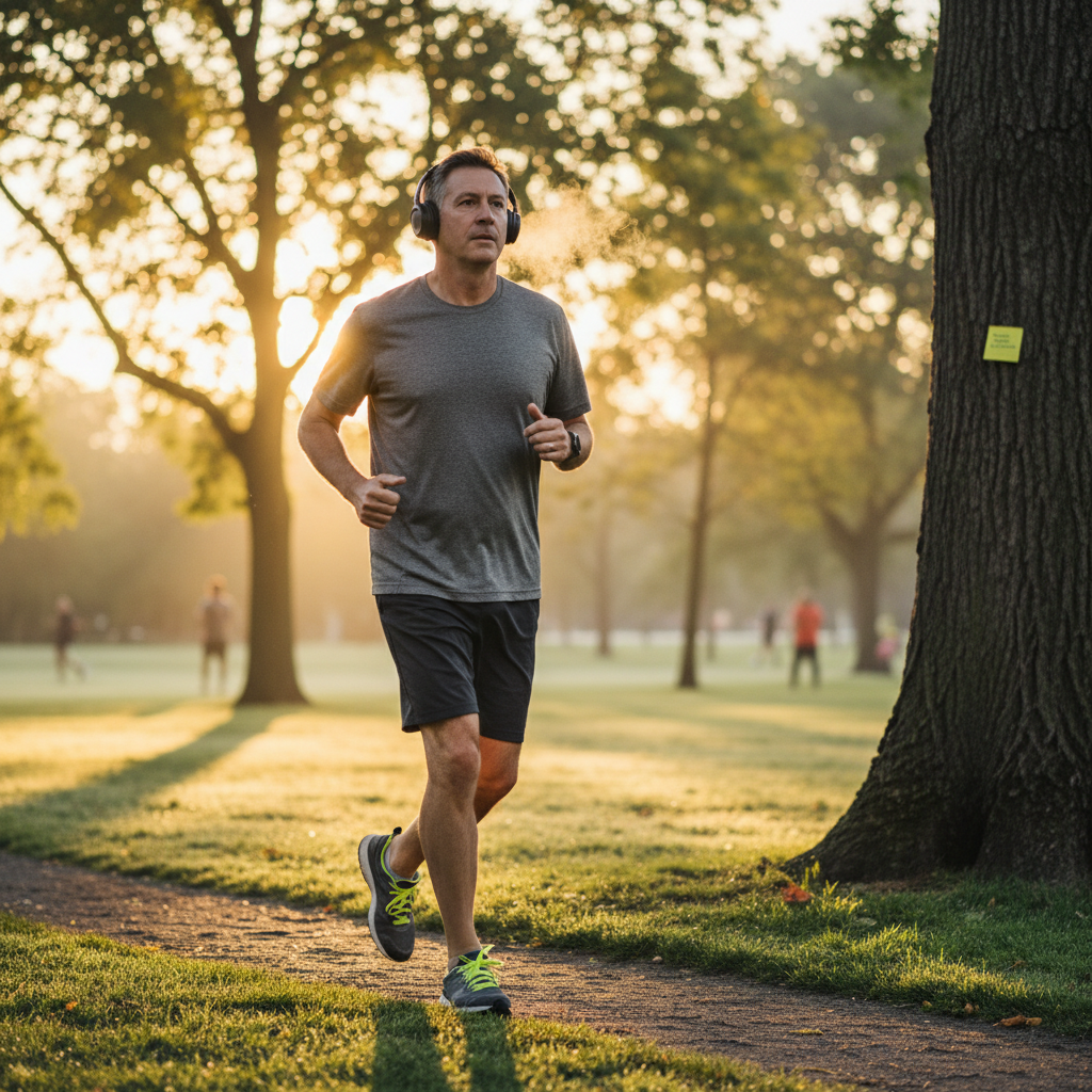 Mann joggt bei Sonnenaufgang im Park, Kopfhörer, gelbe Schnürsenkel, Post-it am Baumstamm im Hintergrund.