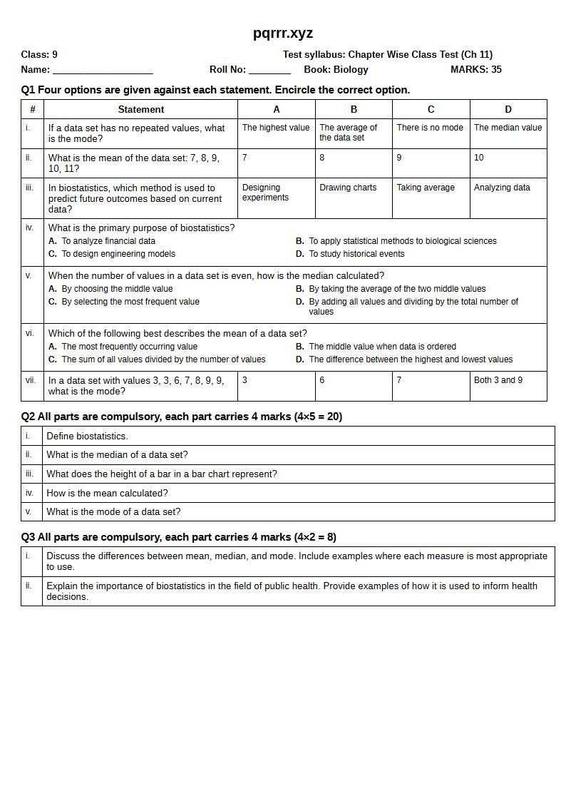 First page of 9th Biology – Chapter 11 – Biostatistics – Chapter Wise Class Test, 35 marks (English)